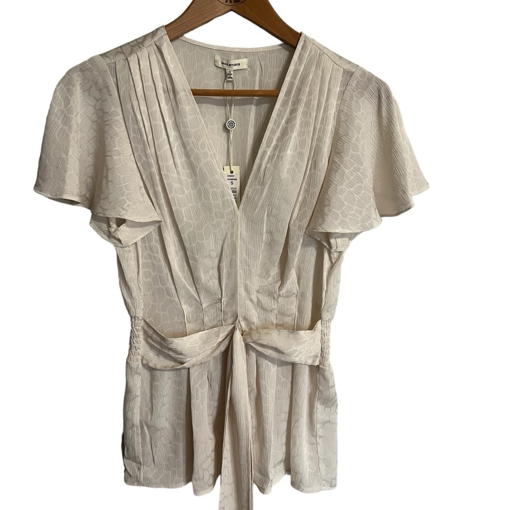 Max Studio V Neck Flutter Sleeve Blouse with Waist Tie Size S